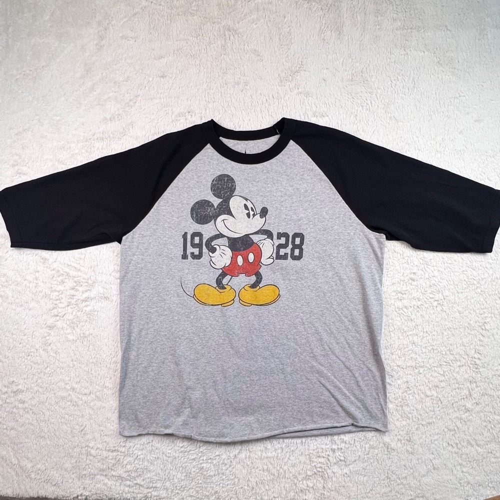 Disney Parks‎ Mickey Mouse Shirt Men's XXL Gray Raglan 1928 Script Spellout